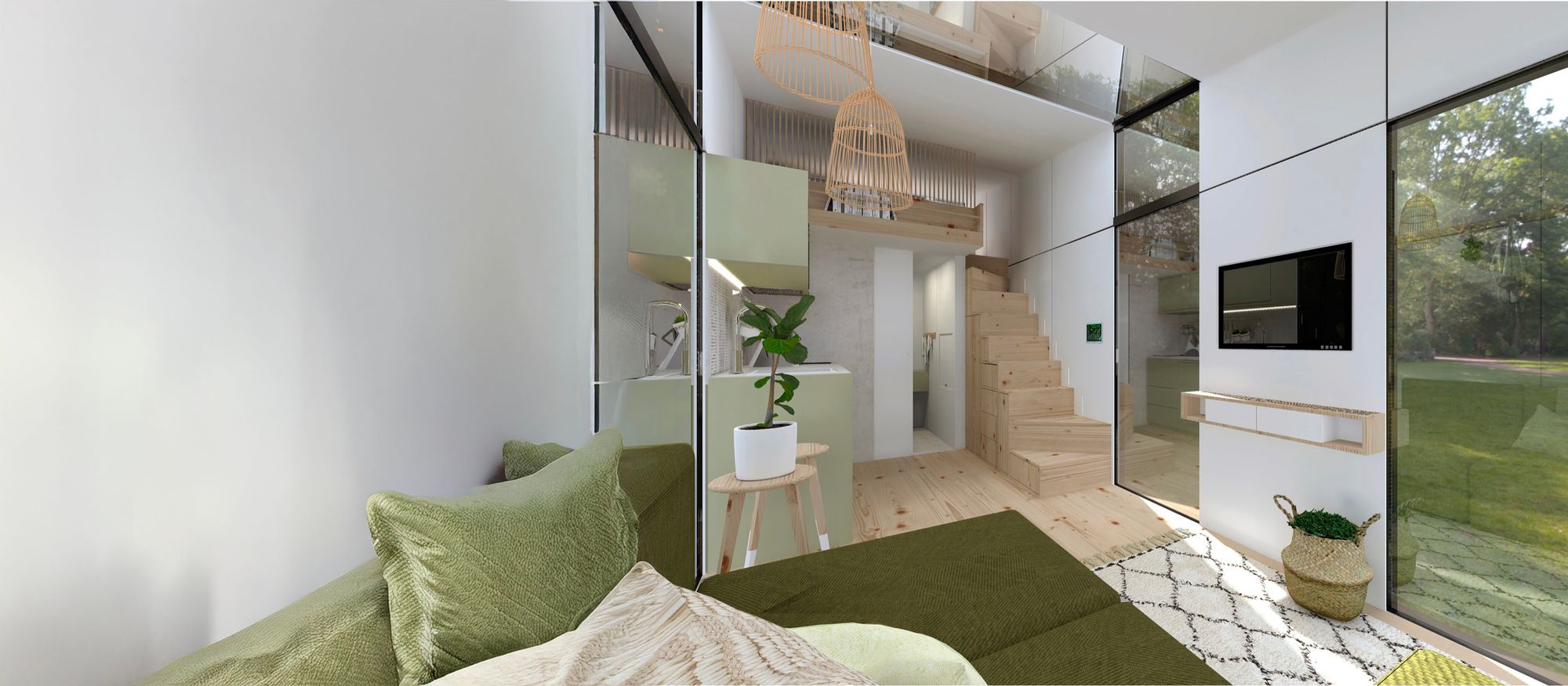 Intérieur d'un module Hoummi : pièce de vie, cuisine, escalier et mezzanine, ouvert sur le jardin