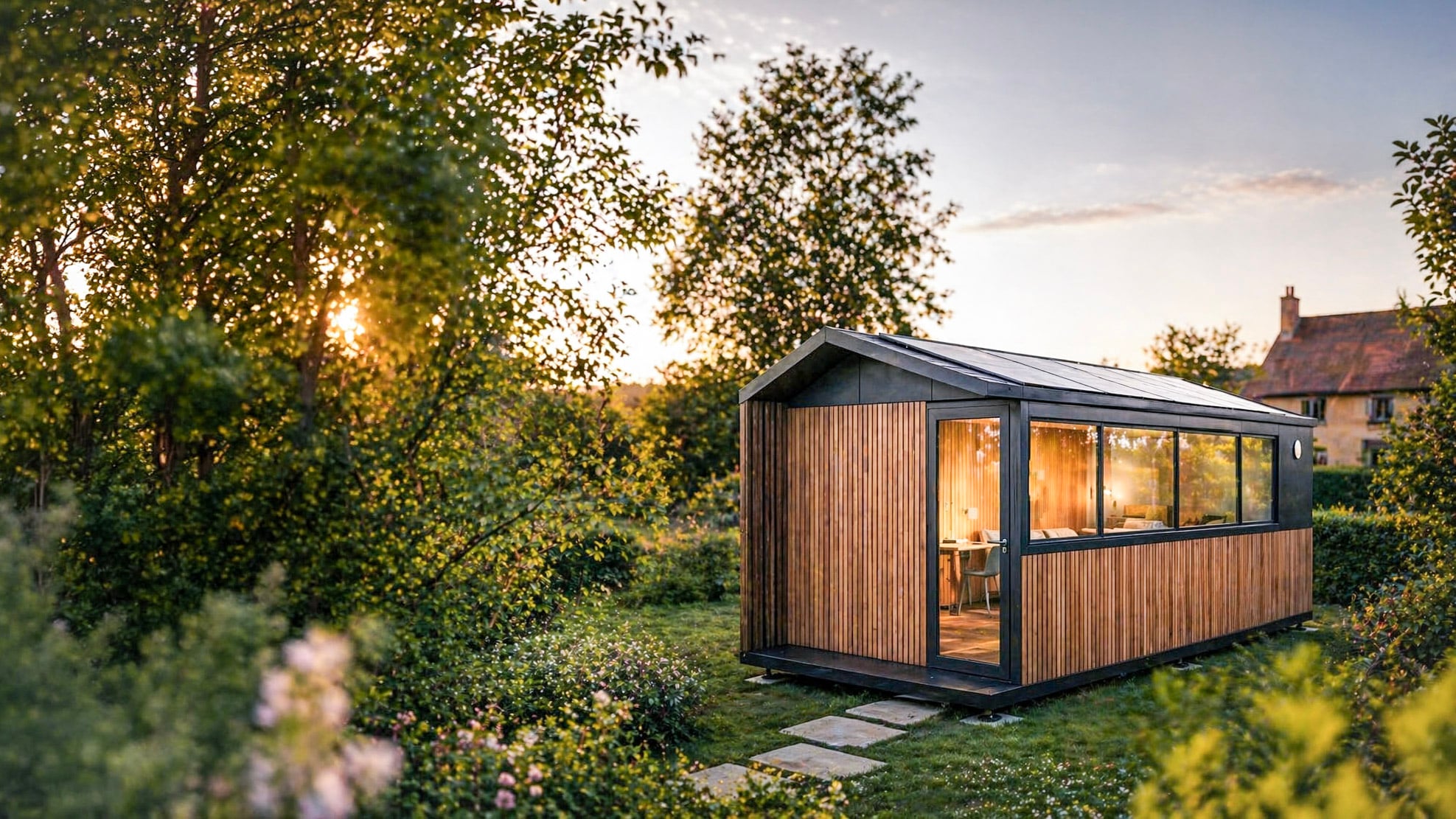 Module en bardage bois installé au fond d'un jardin au couchant, la maison du propriétaire visible en arrière-plan