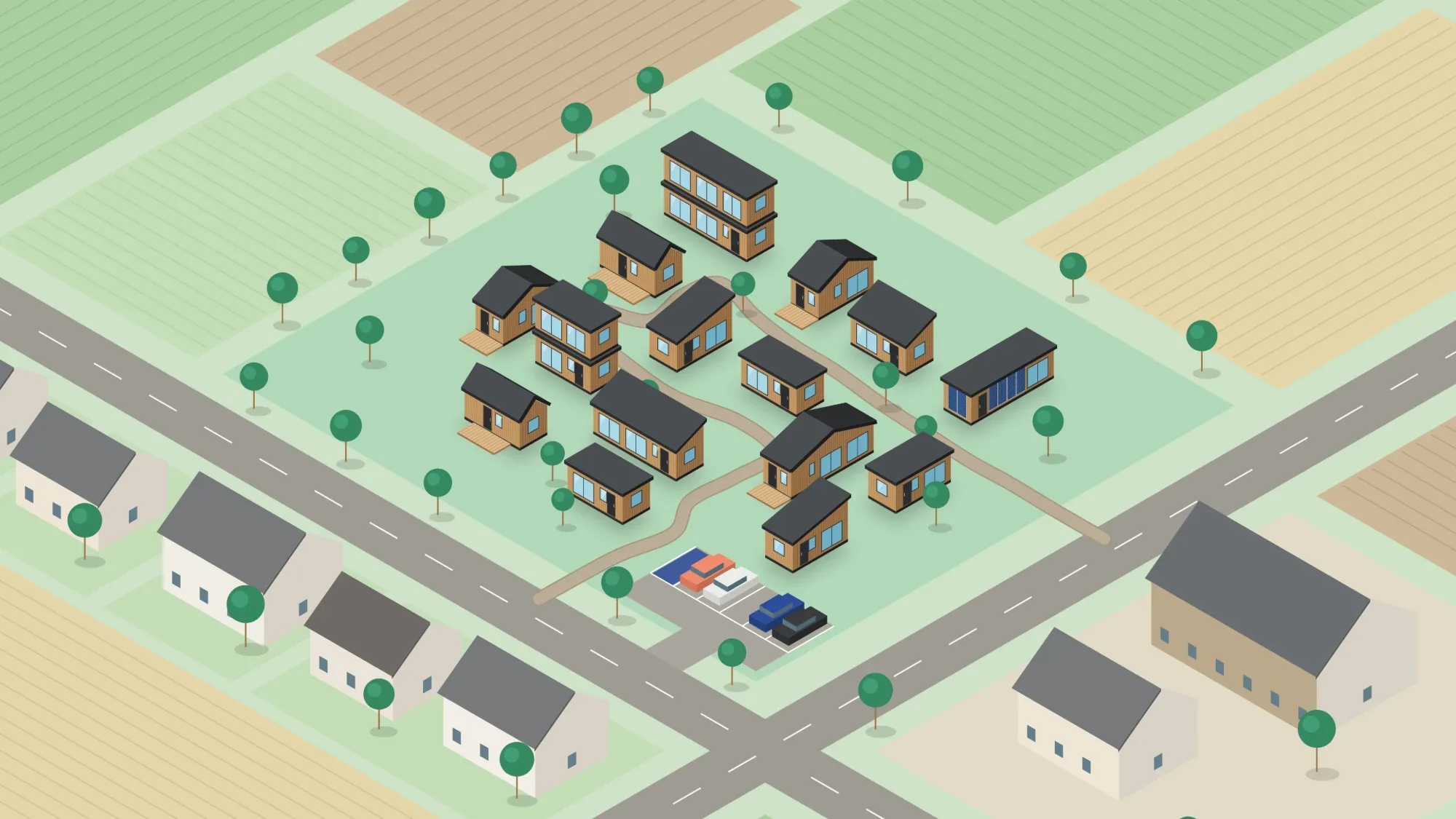 Vue 3D d'un village Hoummi : une vingtaine de modules bardés bois, de plain-pied et en R+1, à toits plats ou inclinés, reliés par des chemins dans une prairie arborée, avec un parking, entre un lotissement et des champs