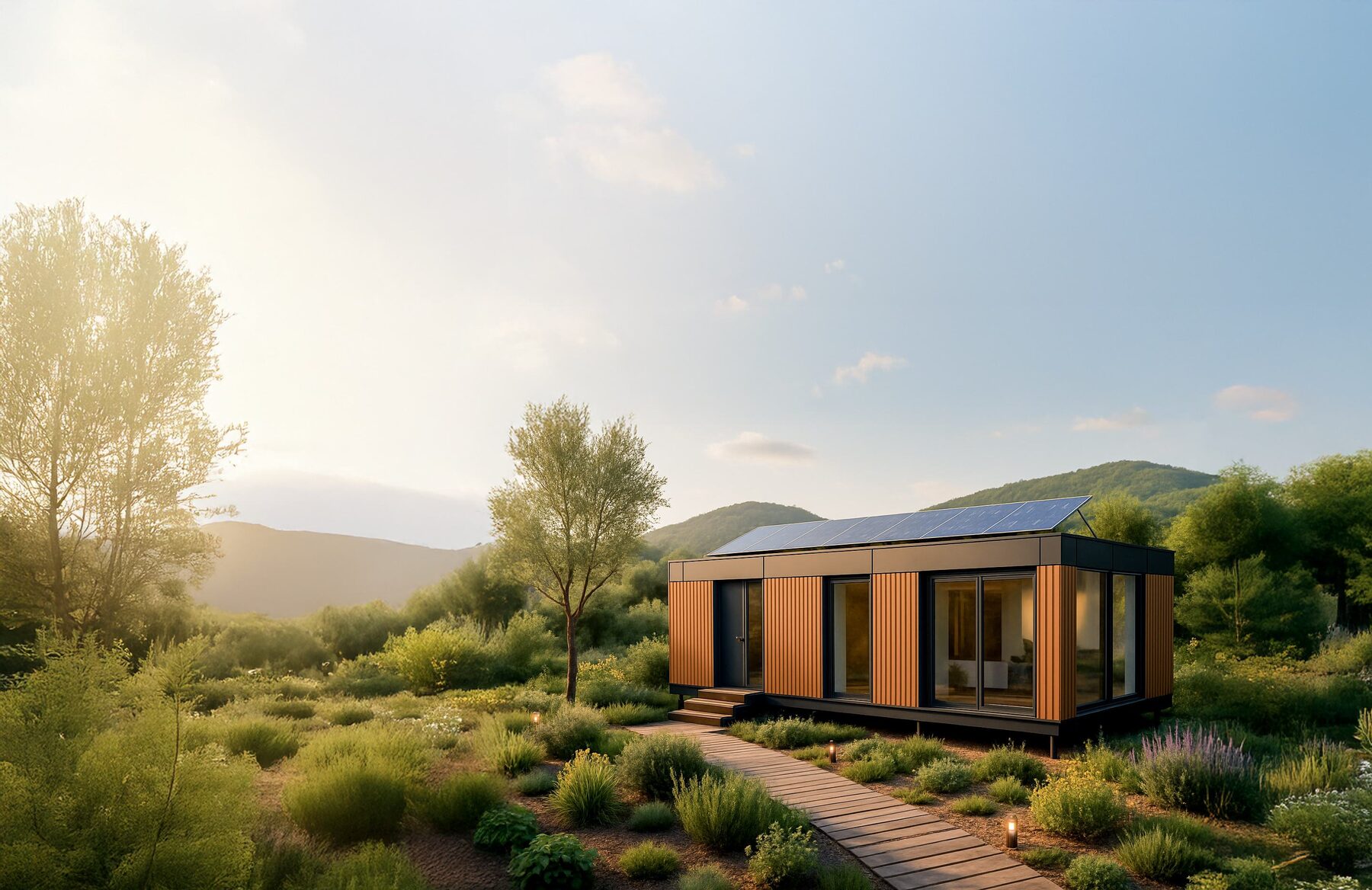 Pavillon Hoummi équipé de panneaux photovoltaïques en toiture, face à des collines boisées