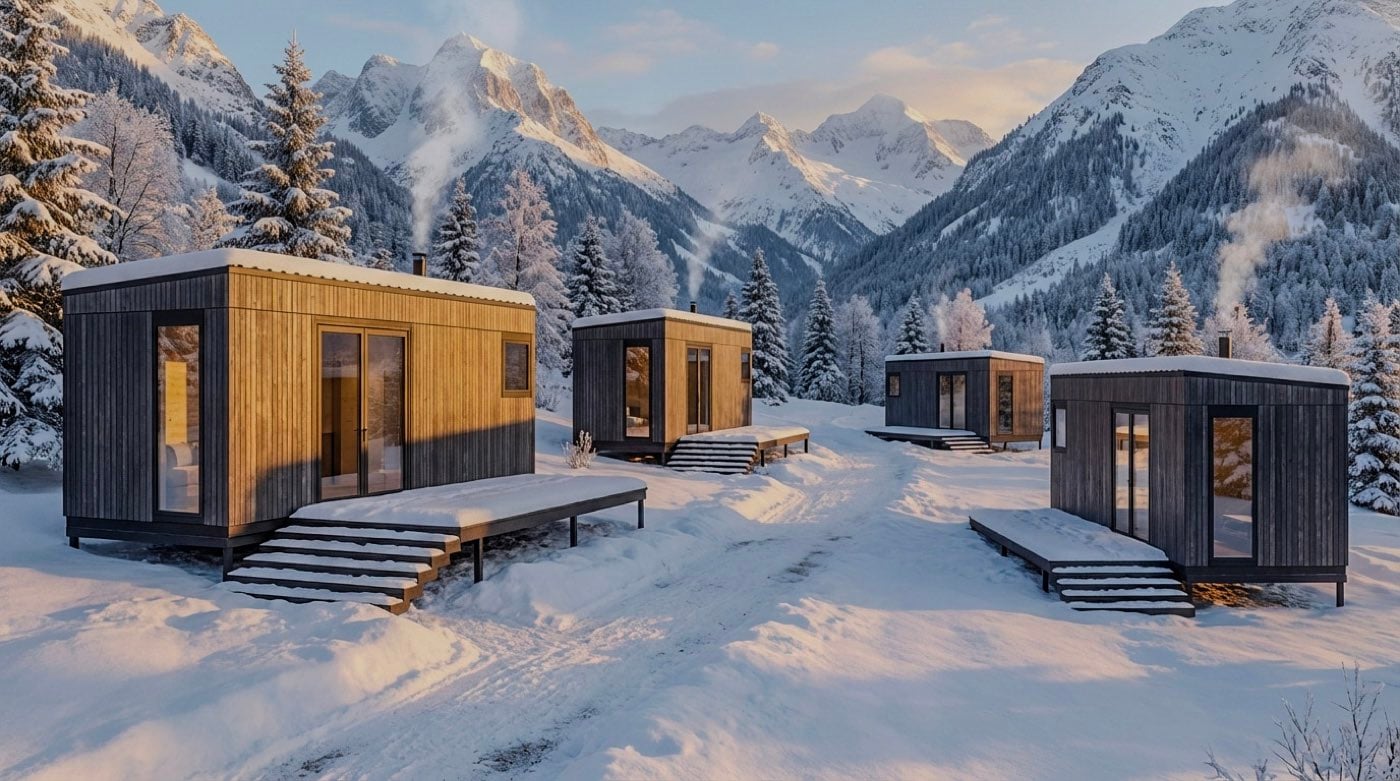 Hameau de modules en fond de vallée alpine, emmarchements déneigés et sommets enneigés au couchant