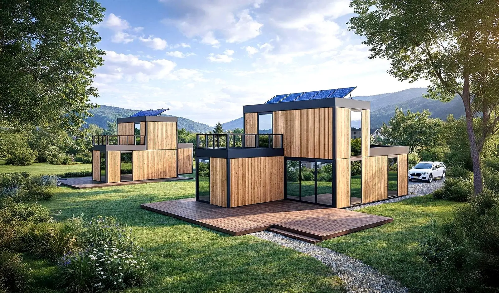 Deux bâtiments Hoummi à étage, terrasses et panneaux solaires en toiture, dans un vallon