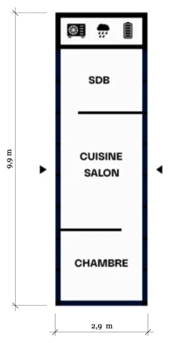 Plan type du module 3 × 9 — T1, 21,5 m²