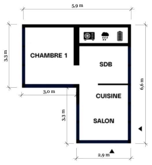 Plan type du module 6 × 6-S — T1+, 21 m²