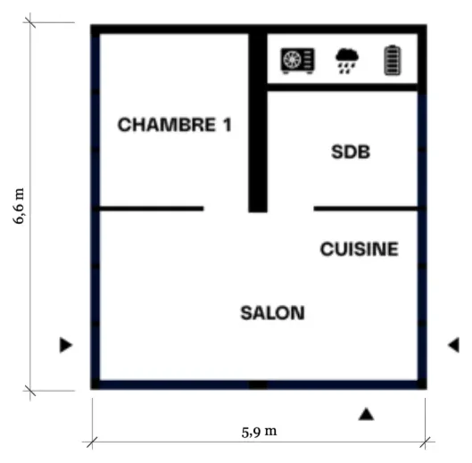 Plan type du module 6 × 6 — T2, 28,5 m²