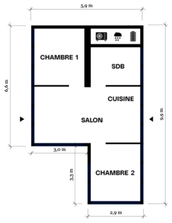 Plan type du module 6 × 9-S — T2+, 35,5 m²