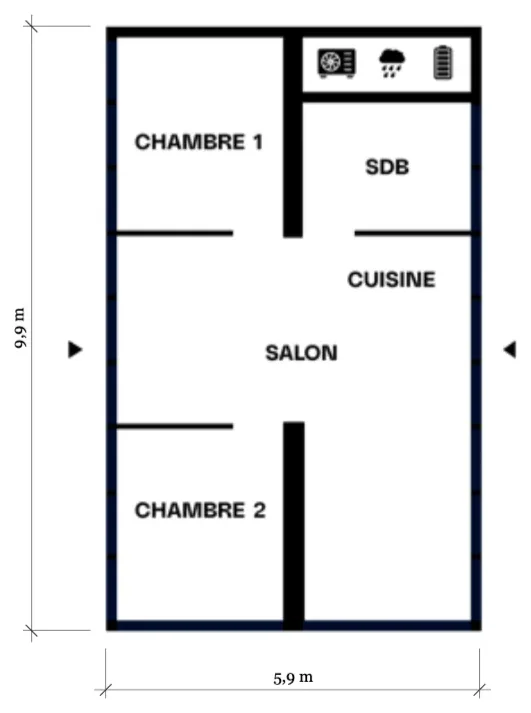 Plan type du module 6 × 9 — T3, 42,5 m²