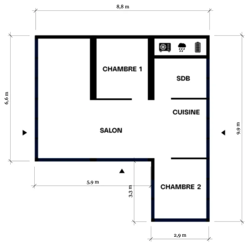 Plan type du module 9 × 9-L — T3+, 49,5 m²