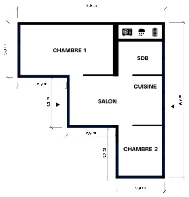 Plan type du module 9 × 9-S — T3+, 43,5 m²