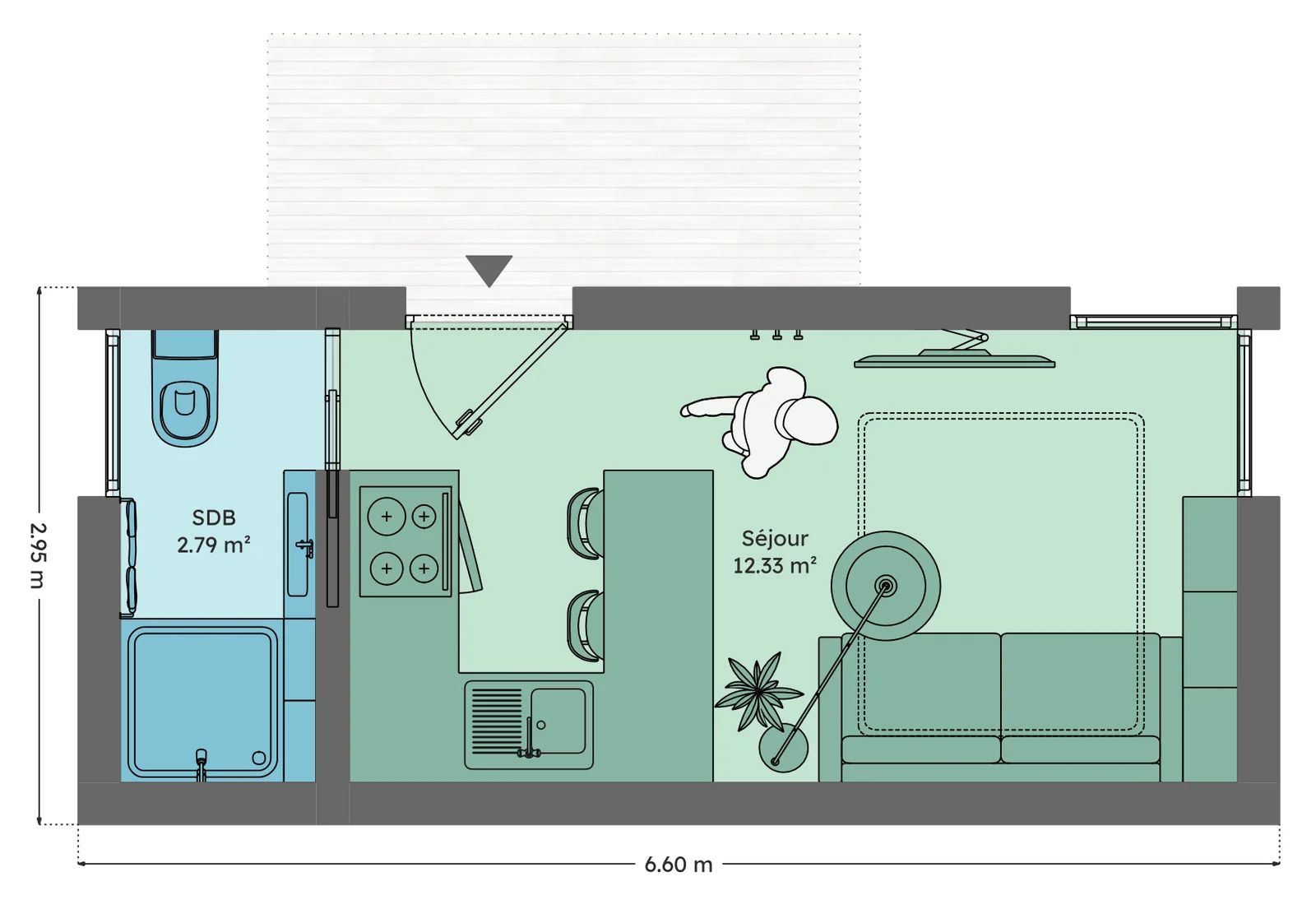 Plan du module 3 × 6, Studio, 15 m², studio de plain-pied