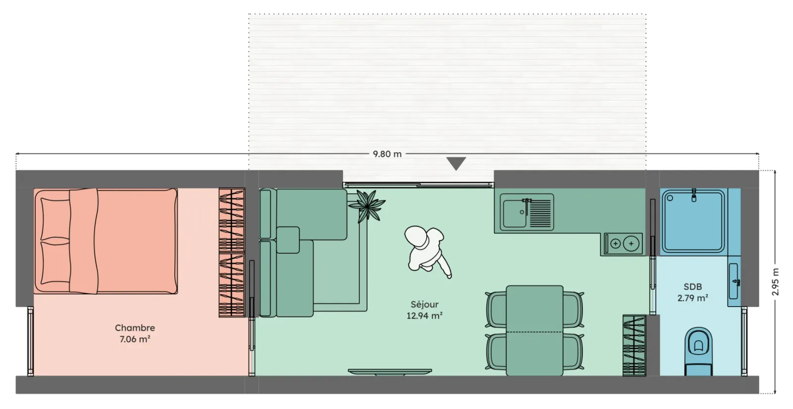 Plan du module 3 × 9, T1, 23 m², chambre de 7 m²