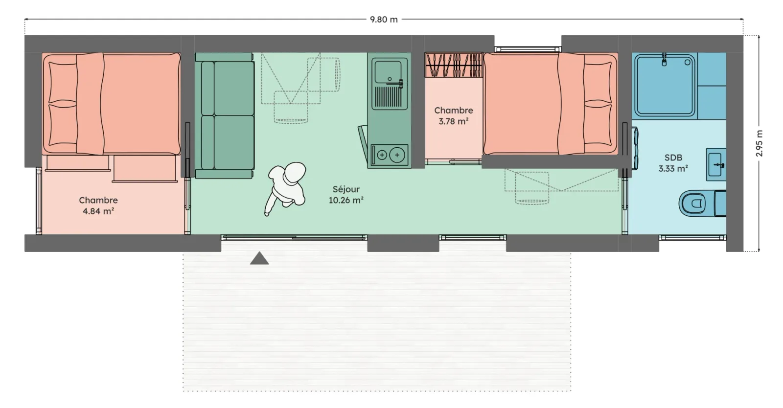 Plan du module 3 × 9, T1, 23 m², deux chambres