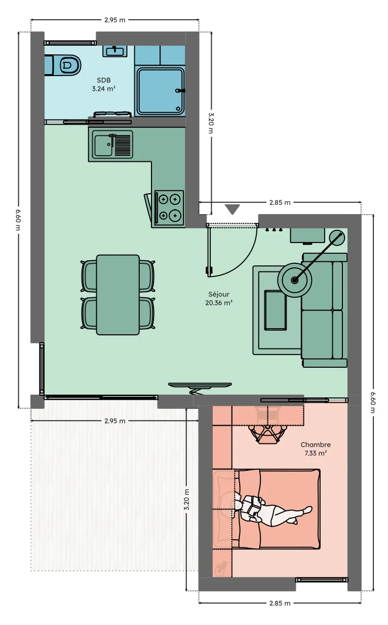 Plan du module 6 × 6, T2, 32 m², décalés, bureau en chambre