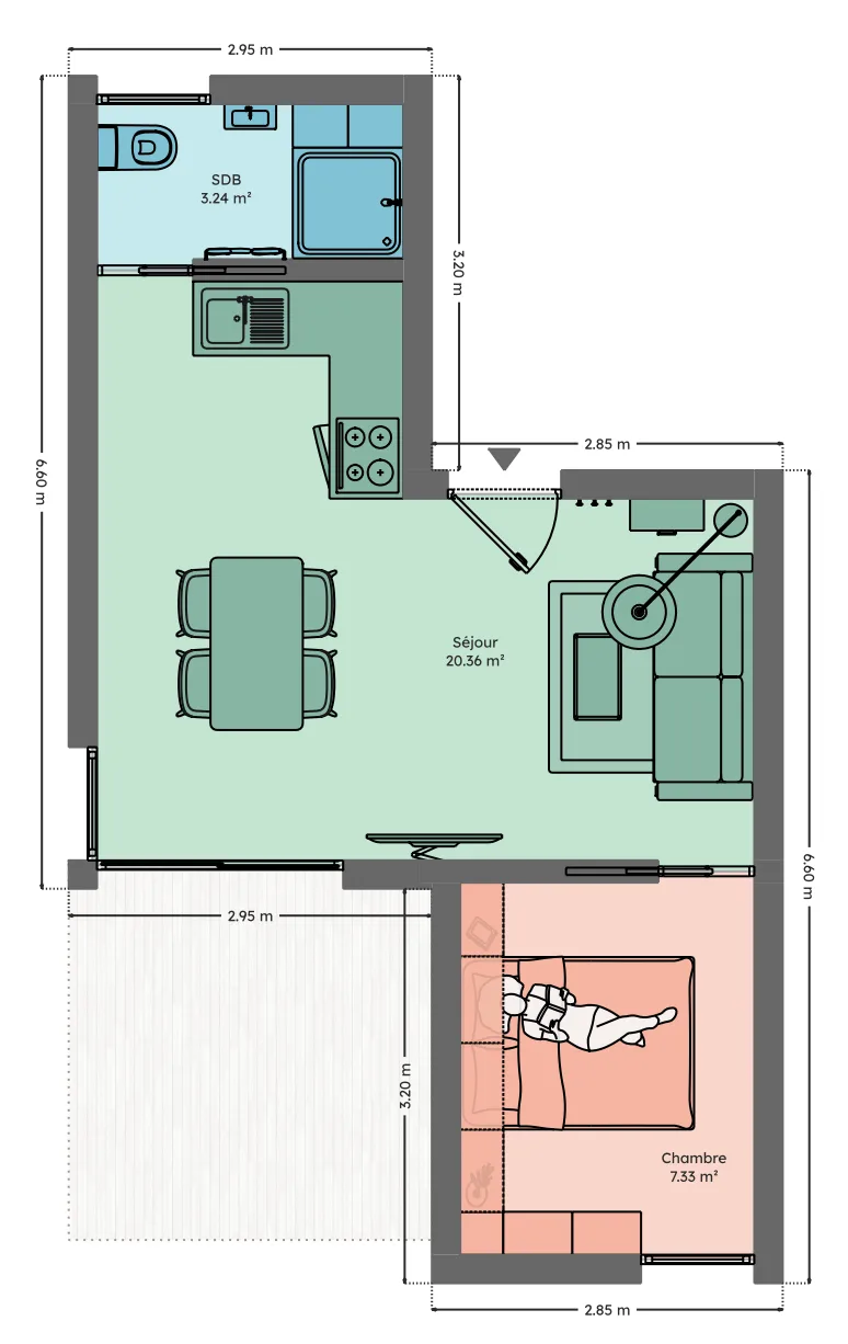 Plan du module 6 × 6, T2, 32 m², décalés