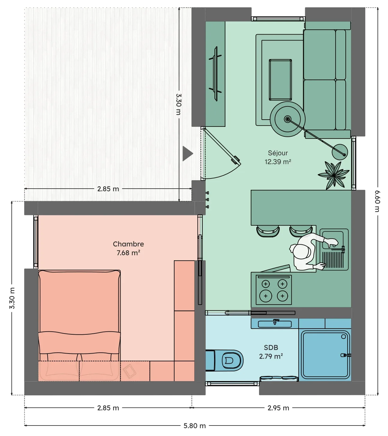 Plan du module 6 × 6-S, T1+, 23 m², chambre sans bureau