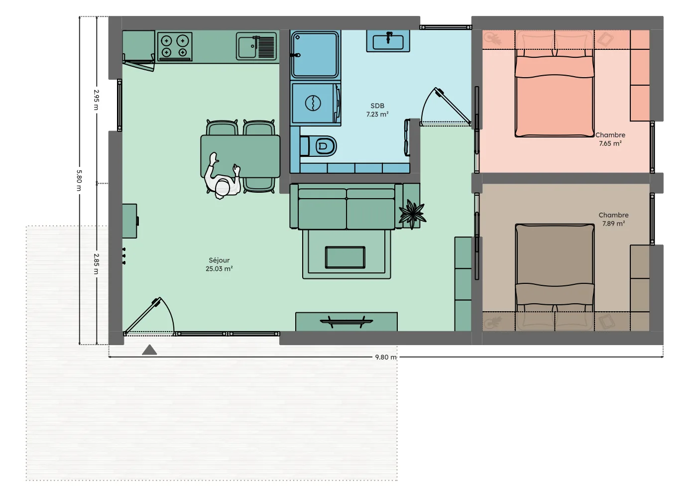 Plan du module 6 × 9, T3, 47,5 m², alignés, 2 chambres