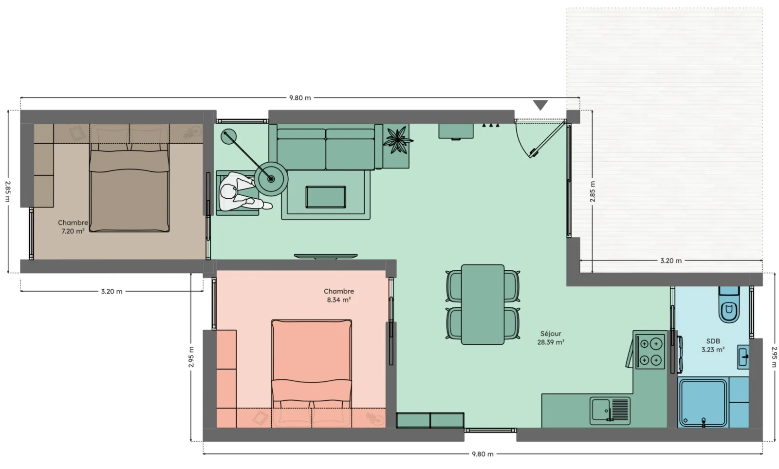 Plan du module 6 × 9, T3, 47,5 m², décalés, 2 chambres