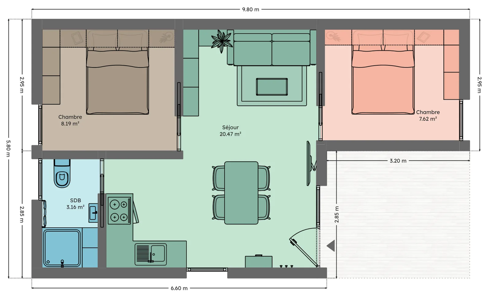 Plan du module 6 × 9-S, T2+, 39,5 m², deux chambres doubles