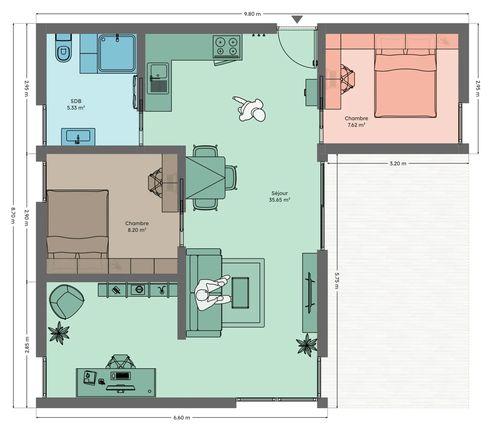 Plan du module 9 × 9-L, T3+, 56,5 m², deux chambres, bureau en chambre