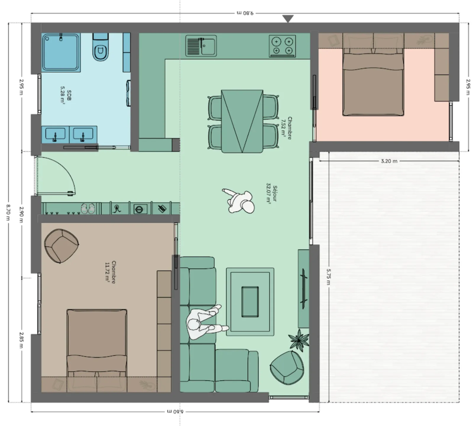 Plan du module 9 × 9-L, T3+, 56,5 m², grande chambre parentale