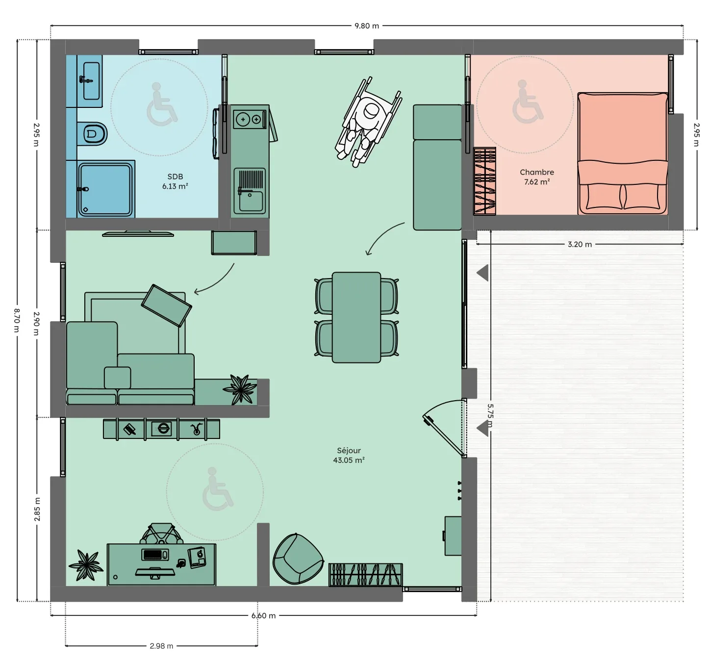 Plan du module 9 × 9-L, T3+, 56,5 m², accessible PMR