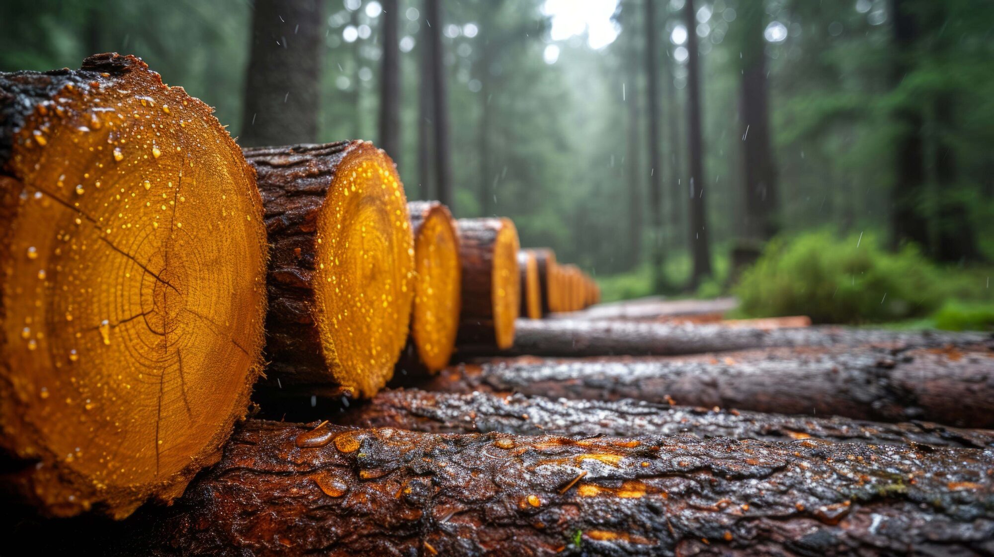 Grumes de bois français certifié PEFC en forêt, sous la pluie